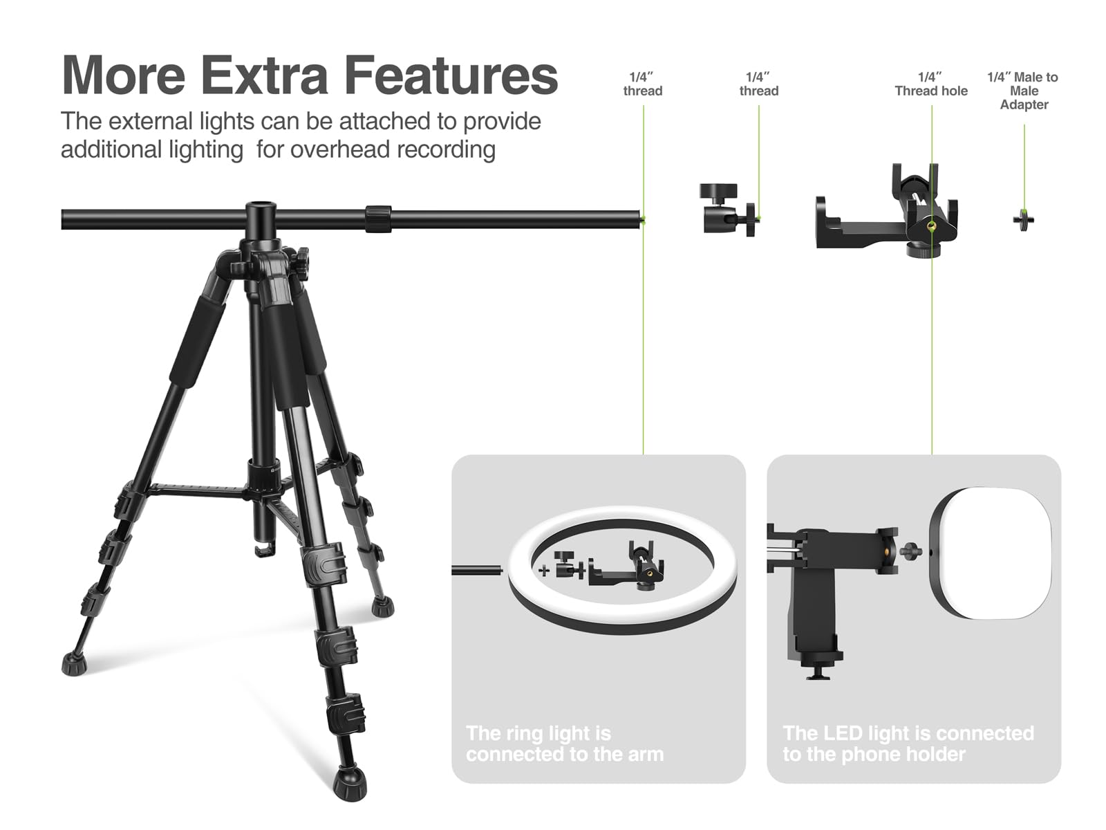 Elitehood Newest Ultra-Stable Overhead Tripod for iPhone – Heavy Duty Aluminum Tripod & 25in Horizontal Long Phone Arm, Tall Phone Stand Mount for Recording, 360°Adjustable iPhone Tripod Stand