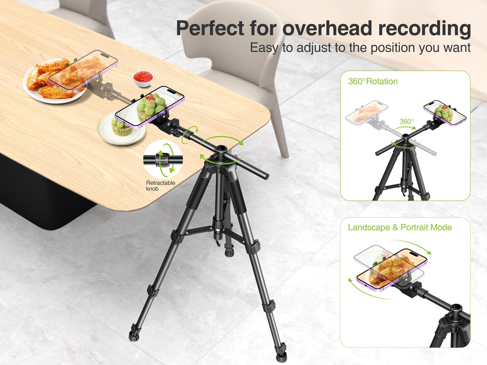 Elitehood Newest Ultra-Stable Overhead Tripod for iPhone – Heavy Duty Aluminum Tripod & 25in Horizontal Long Phone Arm, Tall Phone Stand Mount for Recording, 360°Adjustable iPhone Tripod Stand