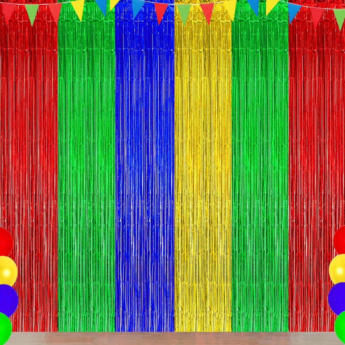 Blue Red Green Yellow Party Decorations, Blue Red Green Yellow Foil Fringe Backdrops Streamer Tinsel Curtains for Graduation Boys Girls Birthday Baby Shower Party Decor (3Pack)