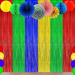 Blue Red Green Yellow Party Decorations, Blue Red Green Yellow Foil Fringe Backdrops Streamer Tinsel Curtains for Graduation Boys Girls Birthday Baby Shower Party Decor (3Pack)