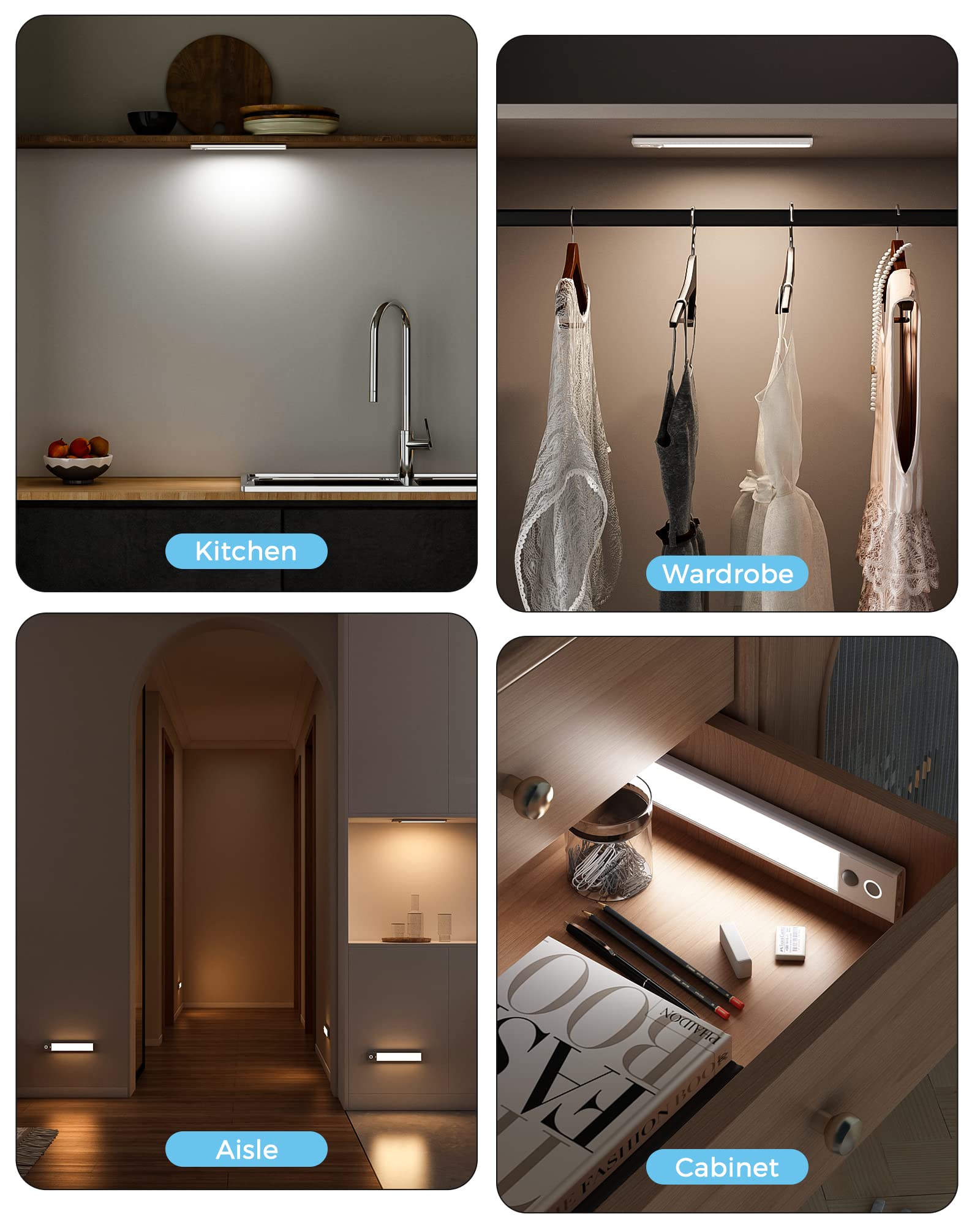 LED Under Cabinet Lighting Wireless,1500mAh USB-C Rechargeable LED Motion Sensor Light Indoor Closet Lights Motion Sensored Under Counter Lights for Kitchen Lights Under Cabinet(White,9.8inch)