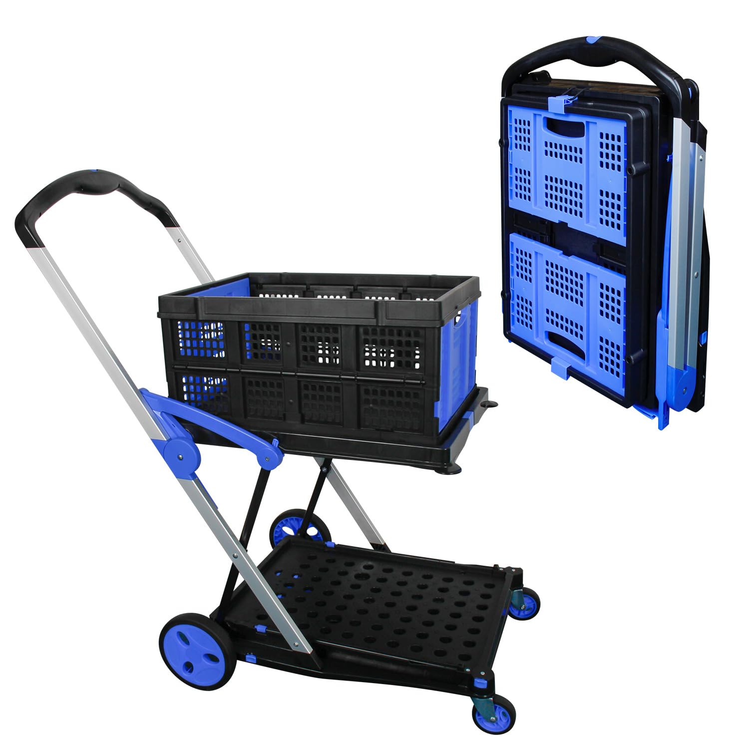 APOXCON Folding Shopping Cart, Two Tier Collapsible Cart with One Crate, Heavy Duty Utility Cart with 360° Rolling Swivel Wheels Multiple Uses Folding Trolley for Shopping, Picnic and Office