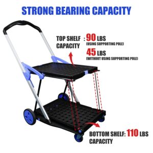 APOXCON Folding Shopping Cart, Two Tier Collapsible Cart with One Crate, Heavy Duty Utility Cart with 360° Rolling Swivel Wheels Multiple Uses Folding Trolley for Shopping, Picnic and Office