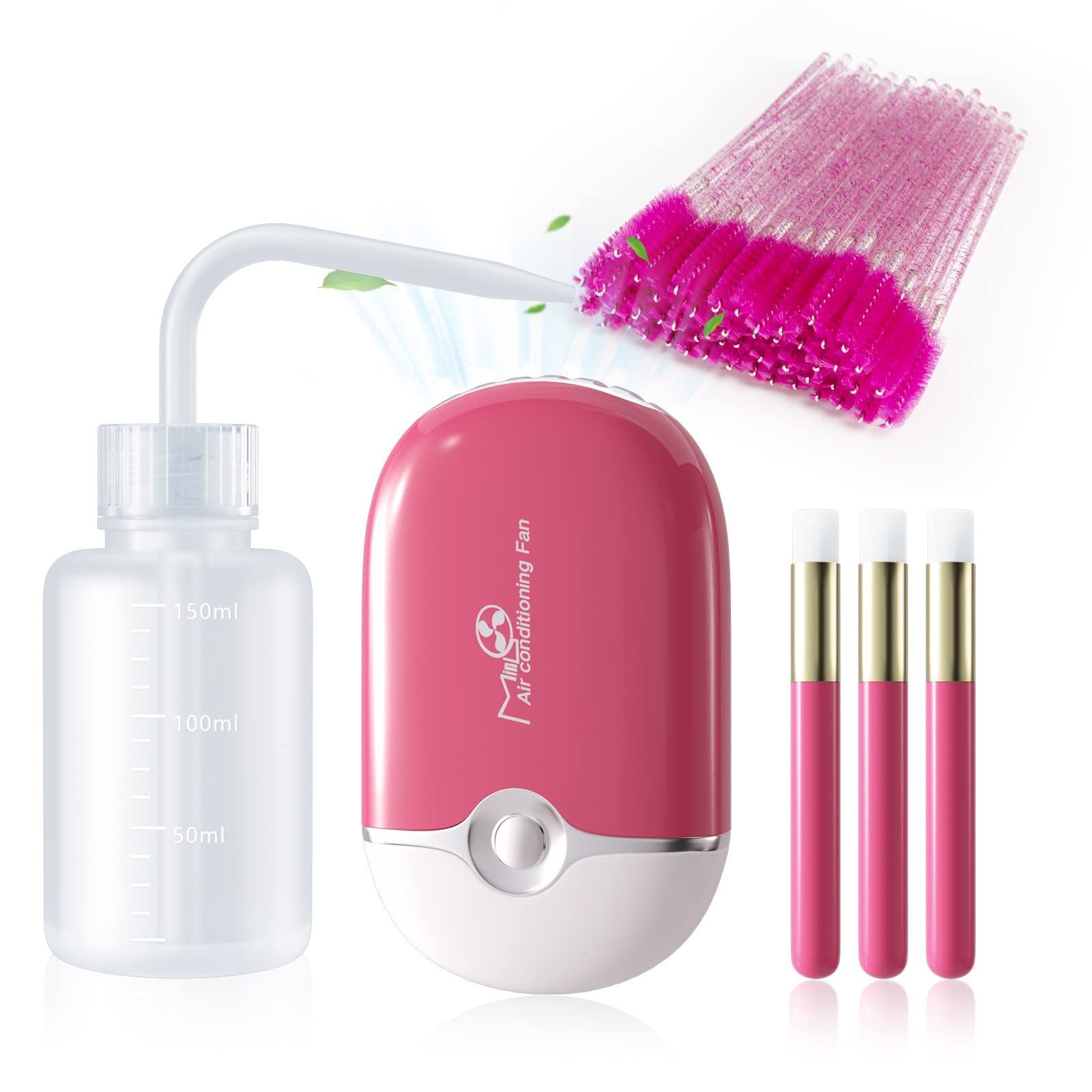 Lash Fan Eyelash Extension Supplies with USB Mini Portable Fans 3 Lash Shampoo Brush 50 Eyelash Mascara Brushes 1 Plastic Wash Bottle for Lash Extension（Rose）