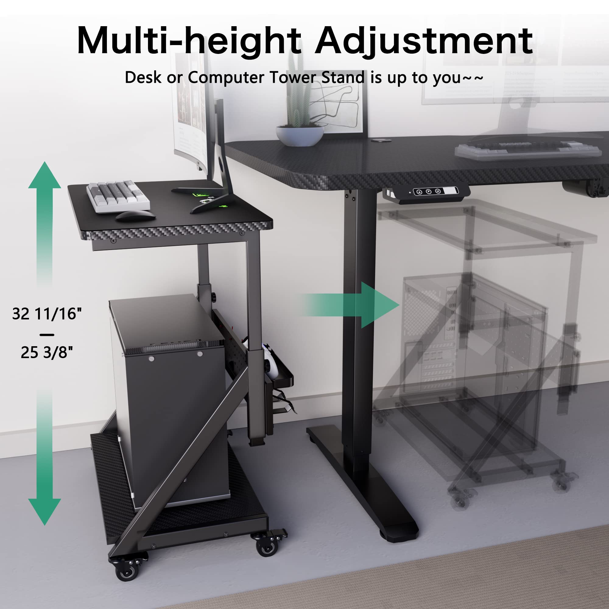 JWX Gaming Computer Tower Floor Stand,5-Step Height Adjustment pc Tower Stand with Power Organize, 2-Tier Case CPU Holder Gift Cart with Rolling Wheels, Upgrade Storage Kit *7 & Mouse Pad, Black