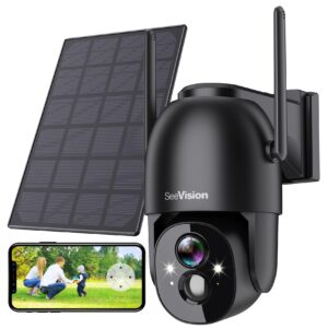 solar security cameras wireless outdoor, seevision 2k battery powered ptz wifi 3mp camera for home with spotlight, pir motion detection,siren, color night vision, 2-way talk, sd/cloud storage