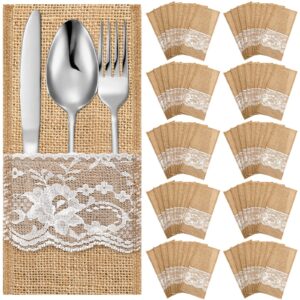 windyun 100 pcs 4.1 x 8.9 inch wedding natural burlap lace utensil holders pouch burlap silverware cutlery pouch tableware holder bag for rustic wedding bridal shower decorations