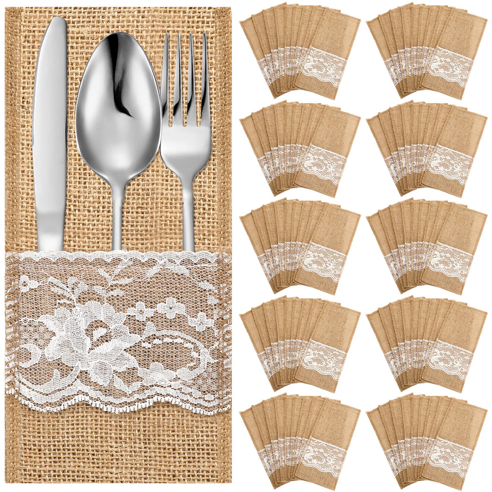 Windyun 100 Pcs 4.1 x 8.9 Inch Wedding Natural Burlap Lace Utensil Holders Pouch Burlap Silverware Cutlery Pouch Tableware Holder Bag for Rustic Wedding Bridal Shower Decorations