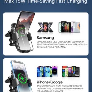 Wireless Car Charger for Samsung Galaxy Z Flip, 15W Charging [AUTO Moving Coil], Dash Air Vent Auto-Clamping Car Phone Holder Charger Mount Wireless Charging for iPhone 15/14/13, Galaxy Z Flip 5/4/3