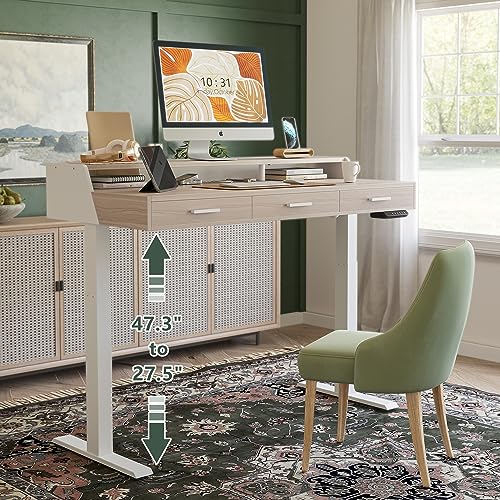 FEZIBO Electric Standing Desk with Drawers, 55x26 Inch Standing Desk Adjustable Height, Stand Up Desk with Monitor Shelf, Sit Stand Home Office Desk, Light Walnut