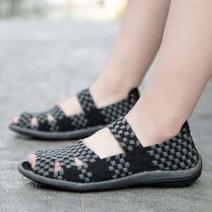 DESESE Womens Elastic Belt Casual Shoes,Elastic Hollow Woven Women's Shoes,Handmade Woven Shoes Fish Mouth Mom Shoes Breathable and Comfortable Fashion Shoes (Black-1,6,6)