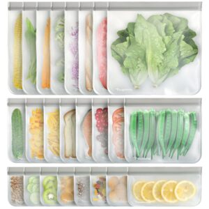 24 reusable food storage bags, freezer bags with pack bpa free (8 reusable gallon bags+8 leakproof reusable sandwich bags+8 food grade snack bags) extra thick reusbale lunch bag for salad fruit