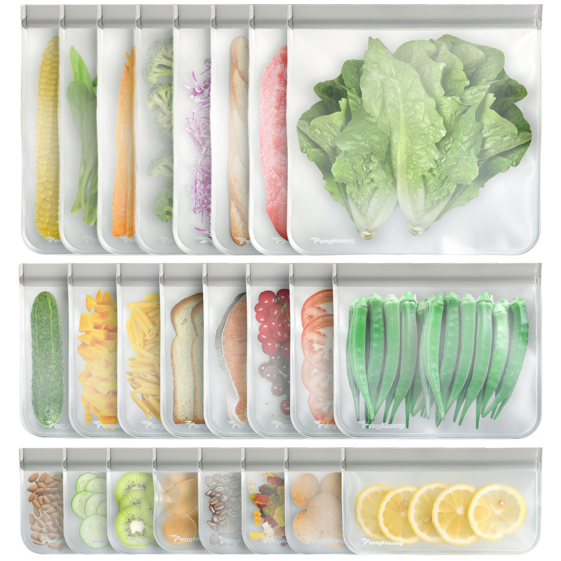 24 Reusable Food Storage Bags, Freezer Bags with Pack BPA FREE (8 Reusable Gallon Bags+8 Leakproof Reusable Sandwich Bags+8 Food Grade Snack Bags) EXTRA THICK Reusbale Lunch Bag for Salad Fruit