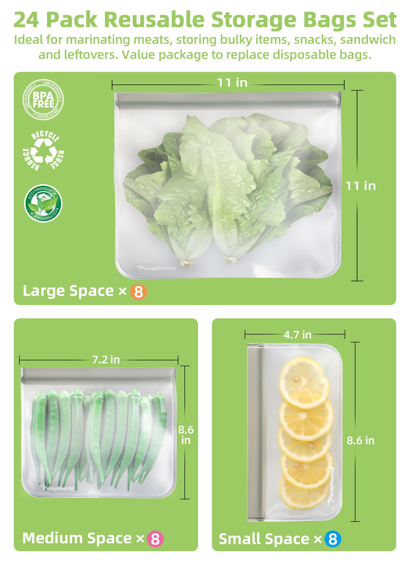 24 Reusable Food Storage Bags, Freezer Bags with Pack BPA FREE (8 Reusable Gallon Bags+8 Leakproof Reusable Sandwich Bags+8 Food Grade Snack Bags) EXTRA THICK Reusbale Lunch Bag for Salad Fruit