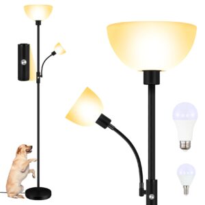 boostarea floor lamps for living room, modern floor lamp with reading lamp(12w, 4w), bright standing lamp with bulbs, 70.5" tall, white plastic lampshades,3-way rotary switch, simple pole lamps, black