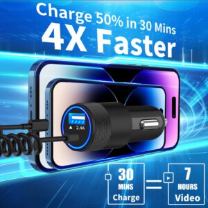 【MFi Certified】iPhone Fast Car Charger, Caiinei 4.8A Dual USB Power Car Charger Fast Charging Cigarette Lighter Adapter+6FT Coiled Lightning Cable for iPhone 14 13 12 11 Pro/XS Max/Mini/XR/X/8/SE/iPad
