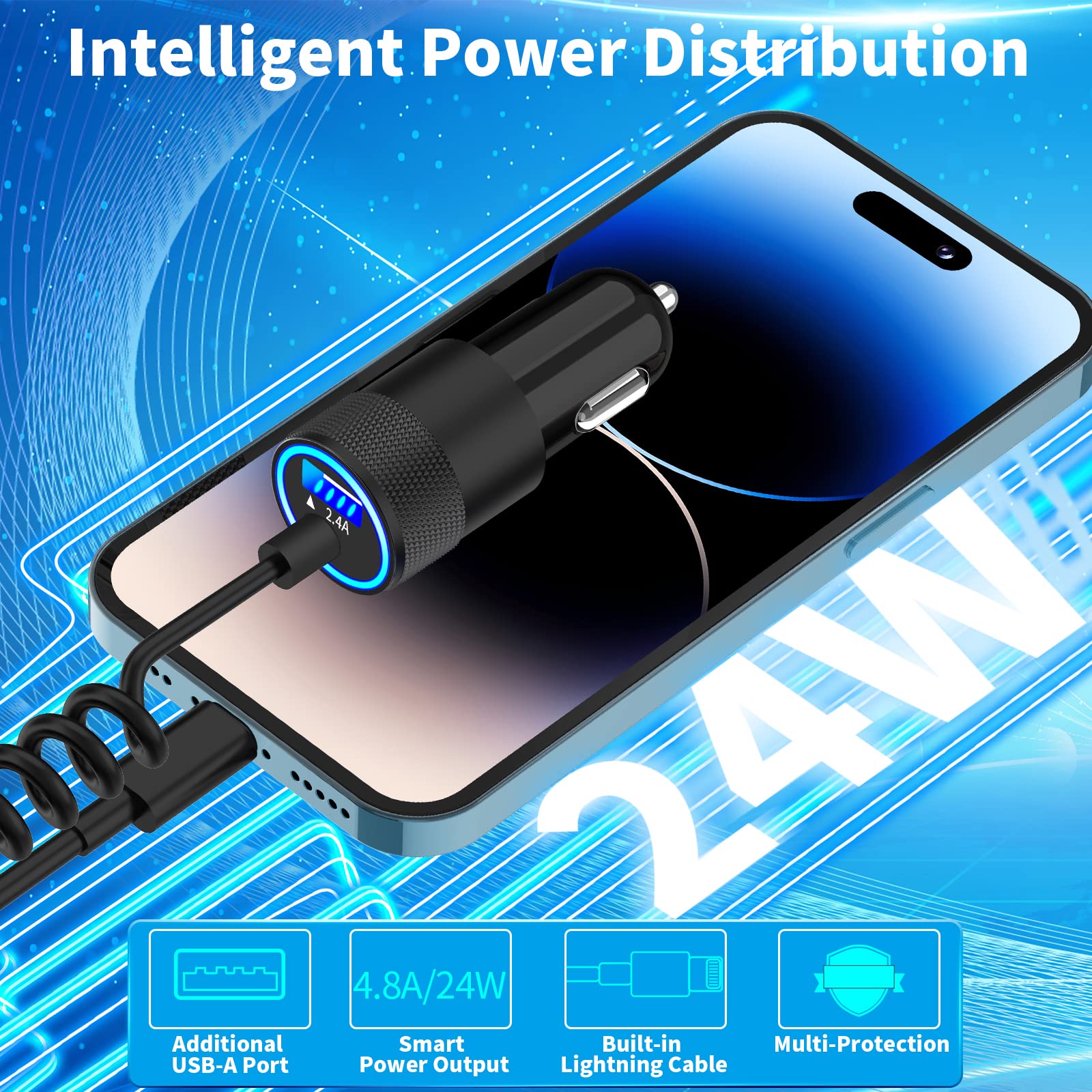 【MFi Certified】iPhone Fast Car Charger, Caiinei 4.8A Dual USB Power Car Charger Fast Charging Cigarette Lighter Adapter+6FT Coiled Lightning Cable for iPhone 14 13 12 11 Pro/XS Max/Mini/XR/X/8/SE/iPad