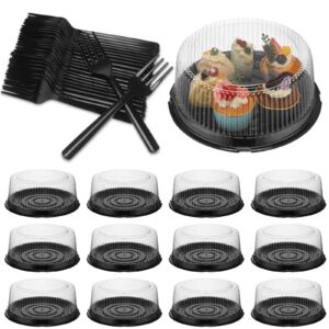 tanlade 12 pcs 8 inch plastic cake container and 100 pcs black plastic forks cake carrier with clear dome lid clear cake box round disposable cupcake containers cake platter with cover