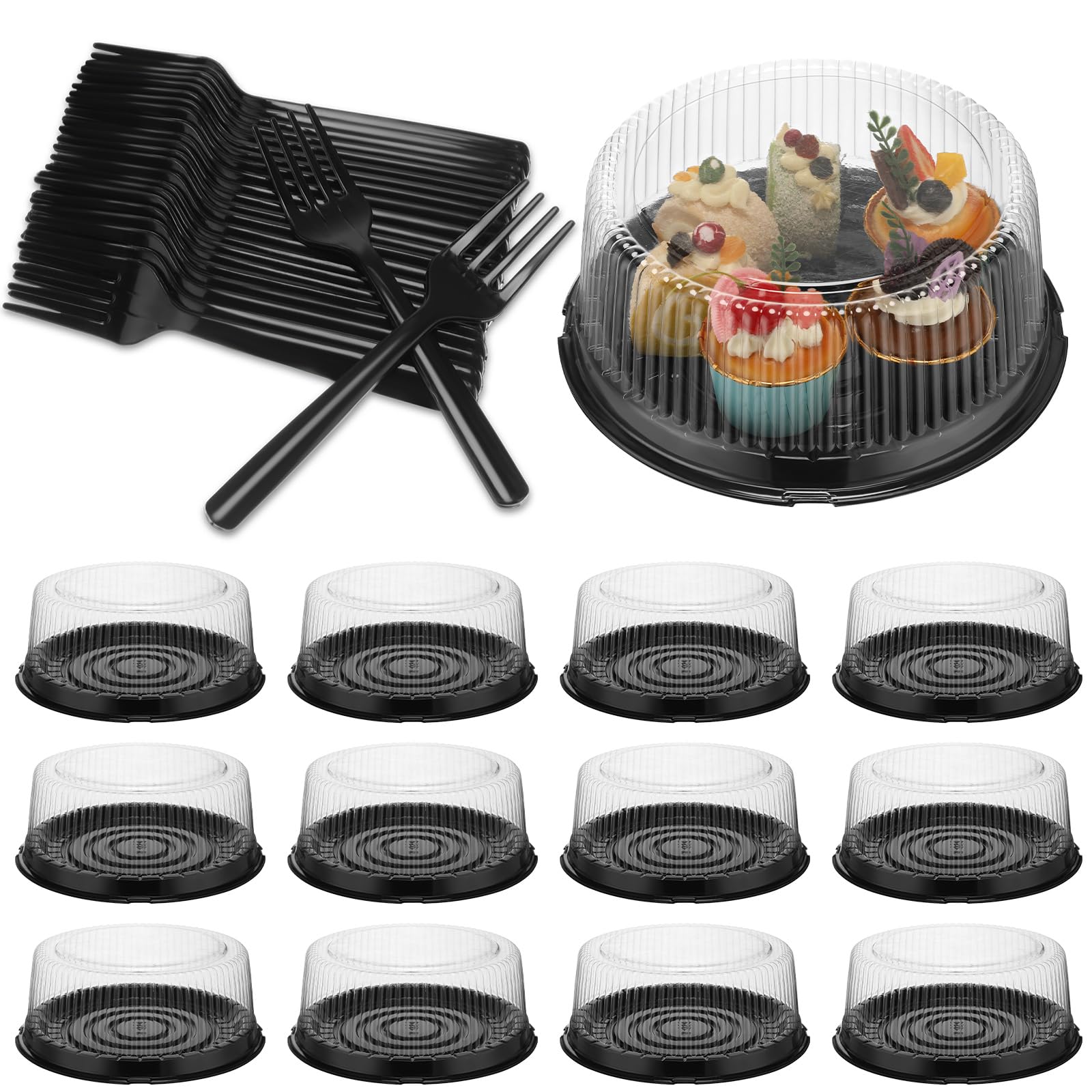 Tanlade 12 Pcs 8 Inch Plastic Cake Container and 100 Pcs Black Plastic Forks Cake Carrier with Clear Dome Lid Clear Cake Box Round Disposable Cupcake Containers Cake Platter with Cover