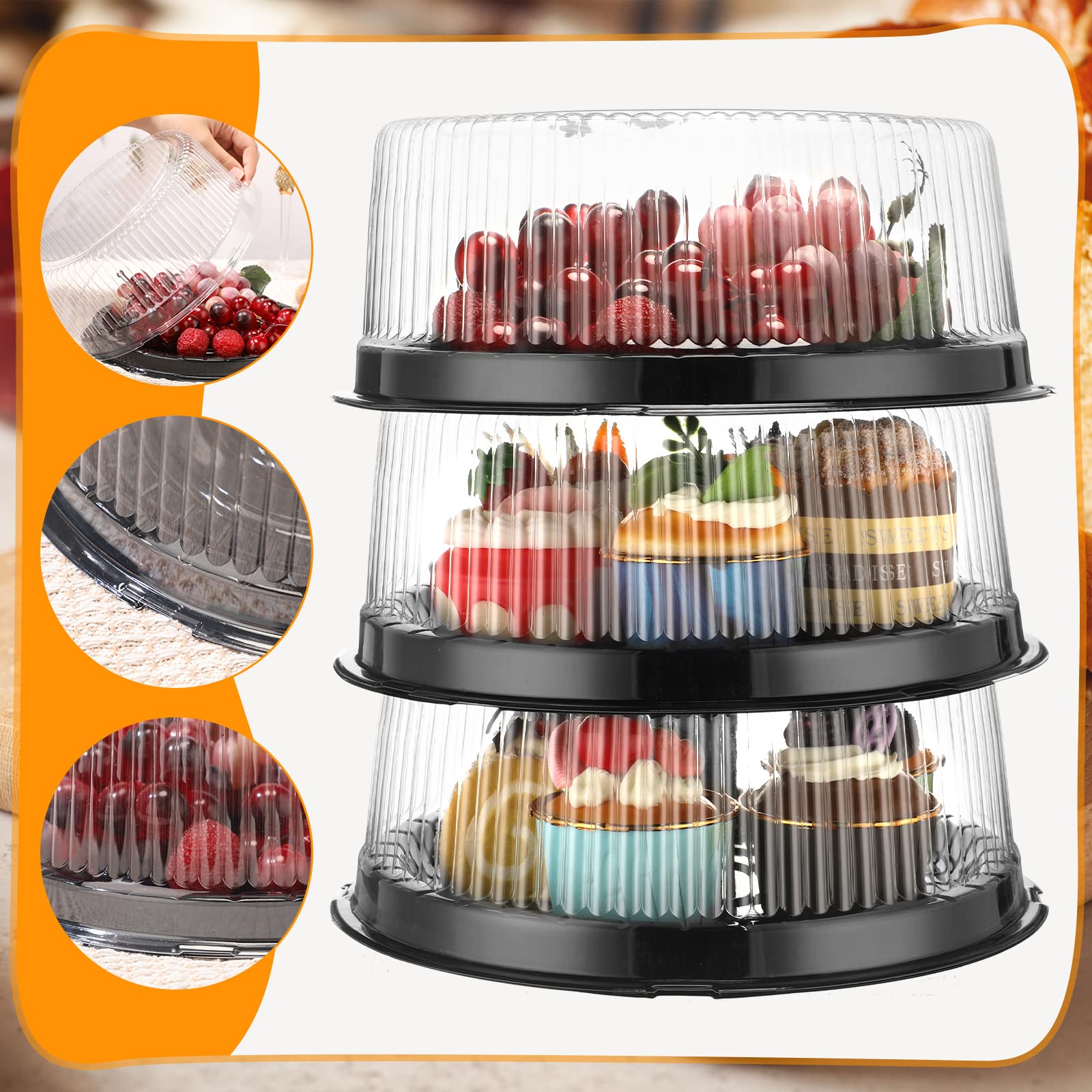 Tanlade 12 Pcs 8 Inch Plastic Cake Container and 100 Pcs Black Plastic Forks Cake Carrier with Clear Dome Lid Clear Cake Box Round Disposable Cupcake Containers Cake Platter with Cover