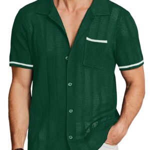 COOFANDY Knit Summer Shirts for Men Short Sleeve Button Down Polo Shirts with Pocket Green