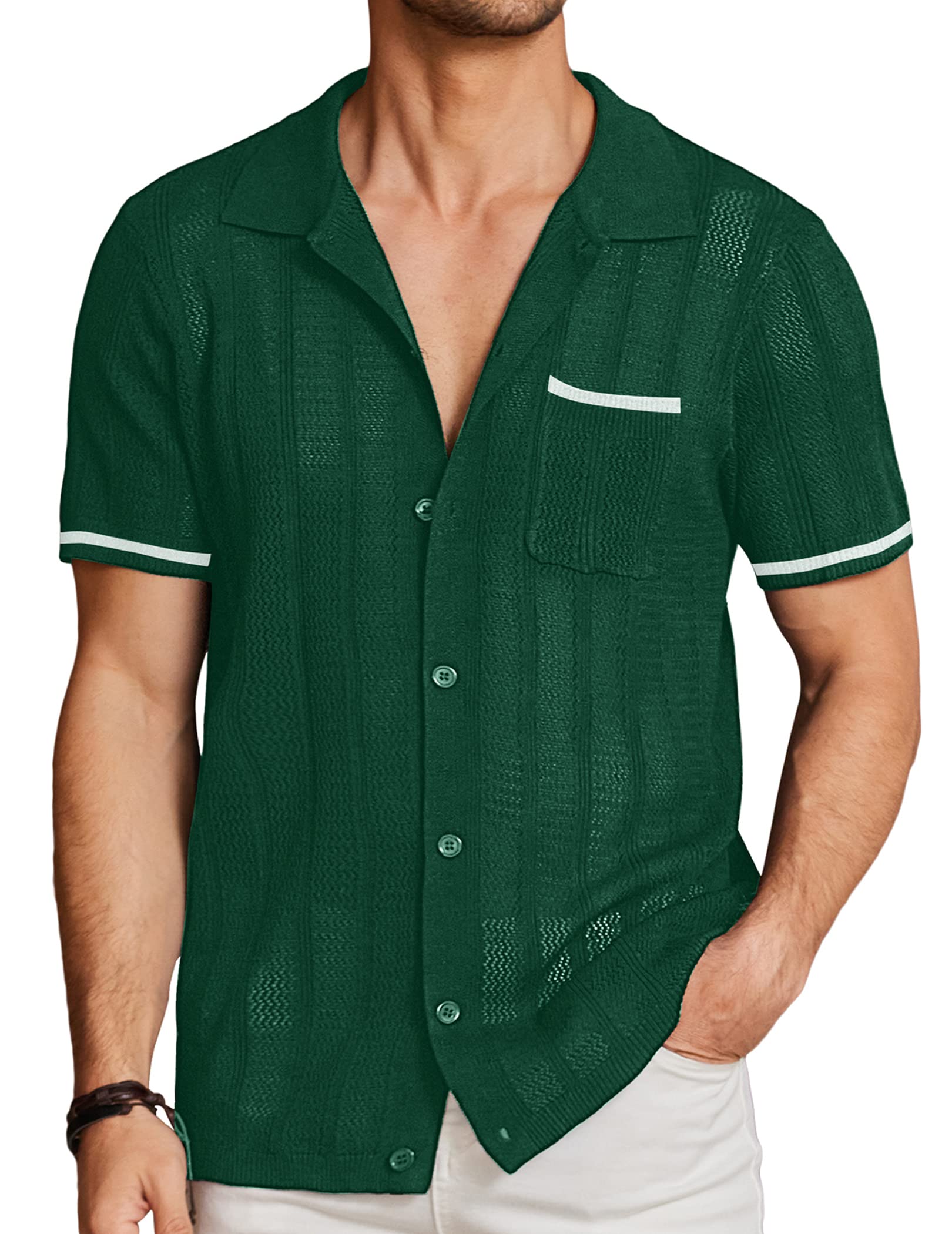 COOFANDY Knit Summer Shirts for Men Short Sleeve Button Down Polo Shirts with Pocket Green