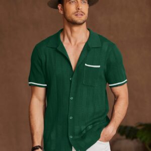 COOFANDY Knit Summer Shirts for Men Short Sleeve Button Down Polo Shirts with Pocket Green