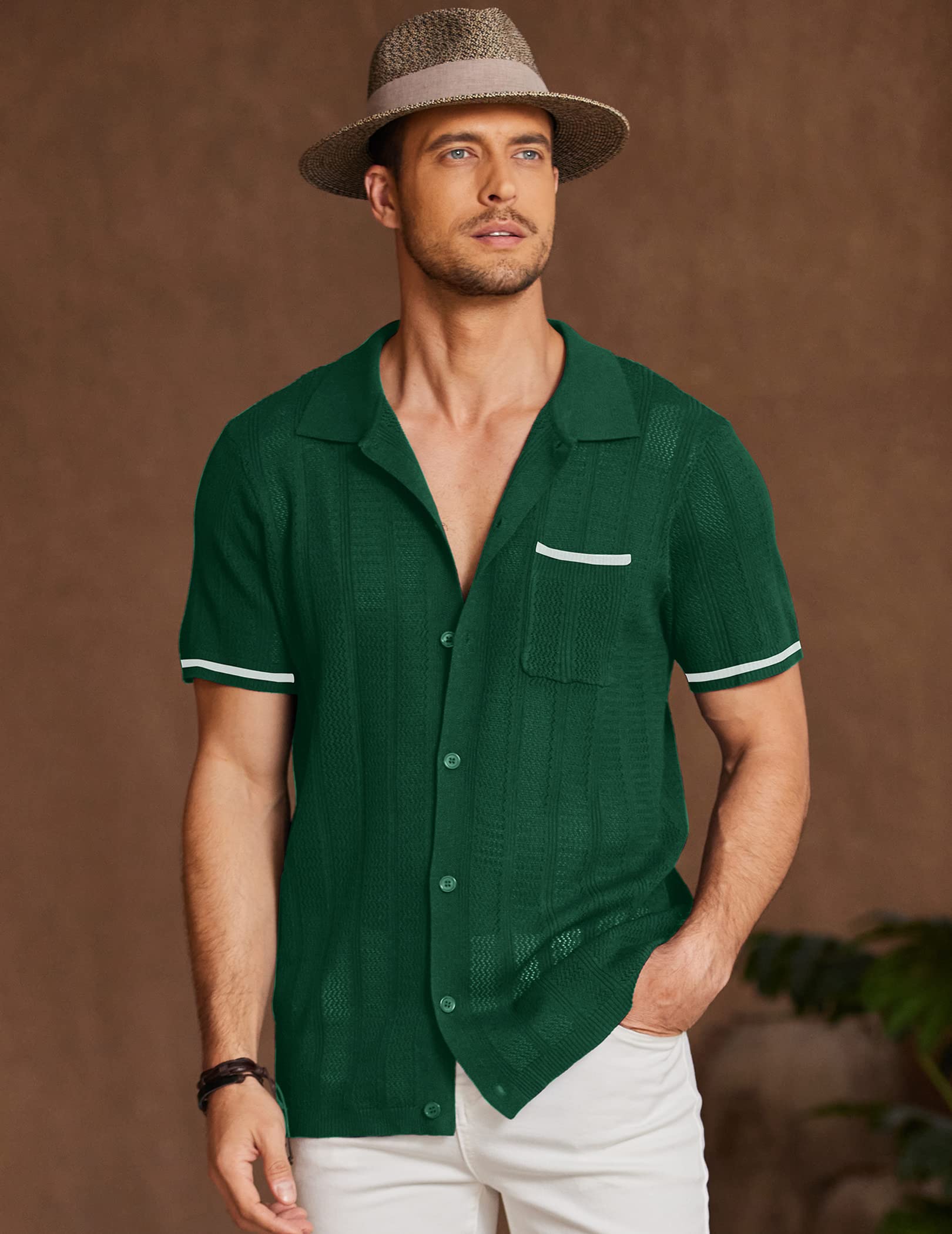 COOFANDY Knit Summer Shirts for Men Short Sleeve Button Down Polo Shirts with Pocket Green