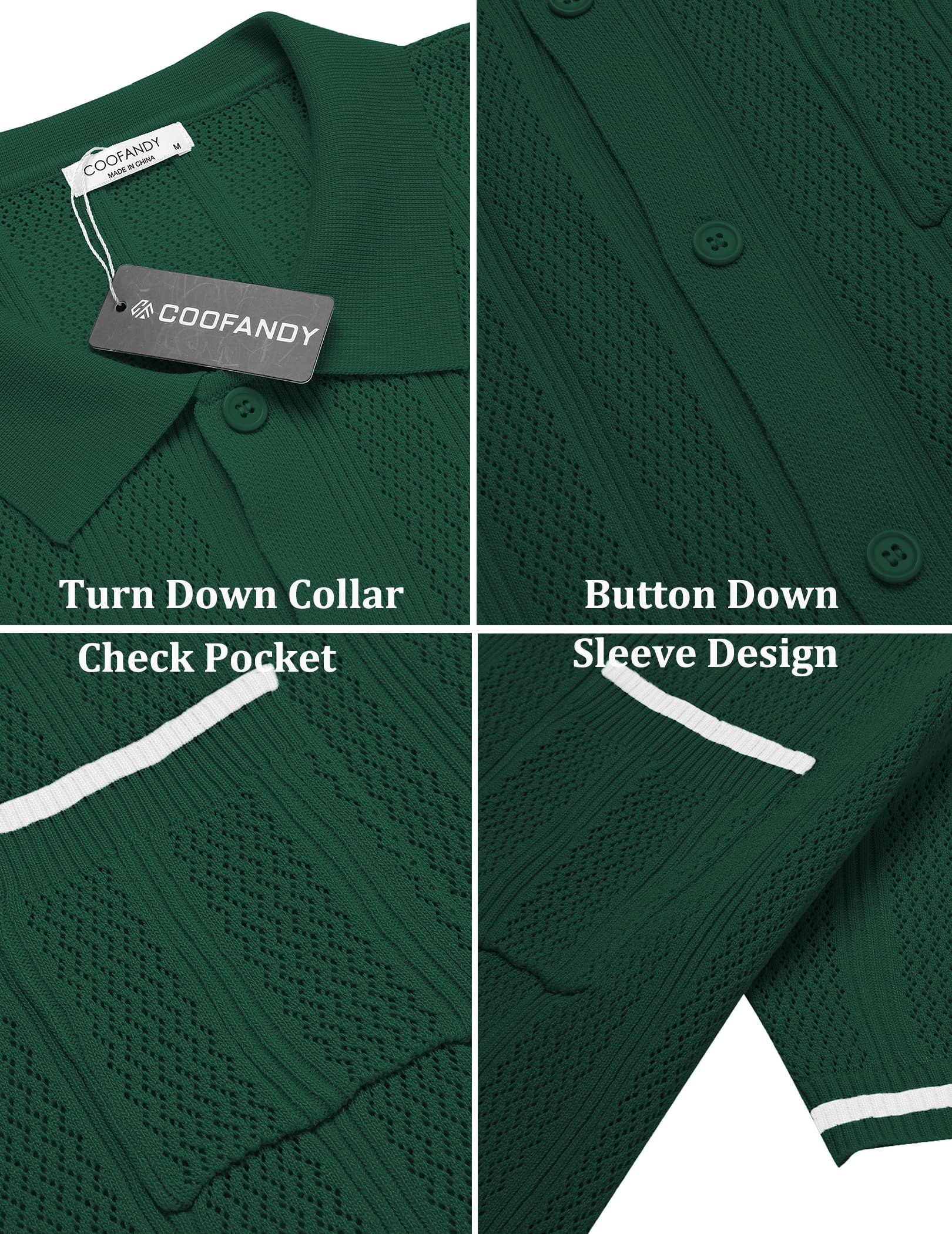 COOFANDY Knit Summer Shirts for Men Short Sleeve Button Down Polo Shirts with Pocket Green