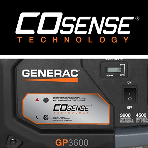 Generac 7721 GP3600 3,600-Watt Gas-Powered Portable Generator - COsense Technology - Powerrush Advanced Technology - Reliable Power for Emergencies and Recreation - 49 State Compliant