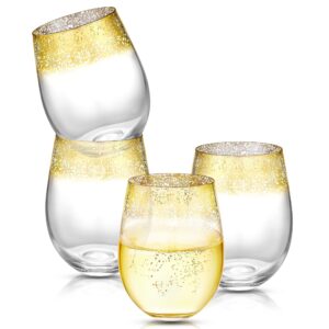kitchen lux 18 oz gold rimmed wine glass - unique stemless wine glasses set of 4 - accented rim - large gold drinking glass cocktail tumblers - deluxe glassware gift box for christmas, dishwasher safe