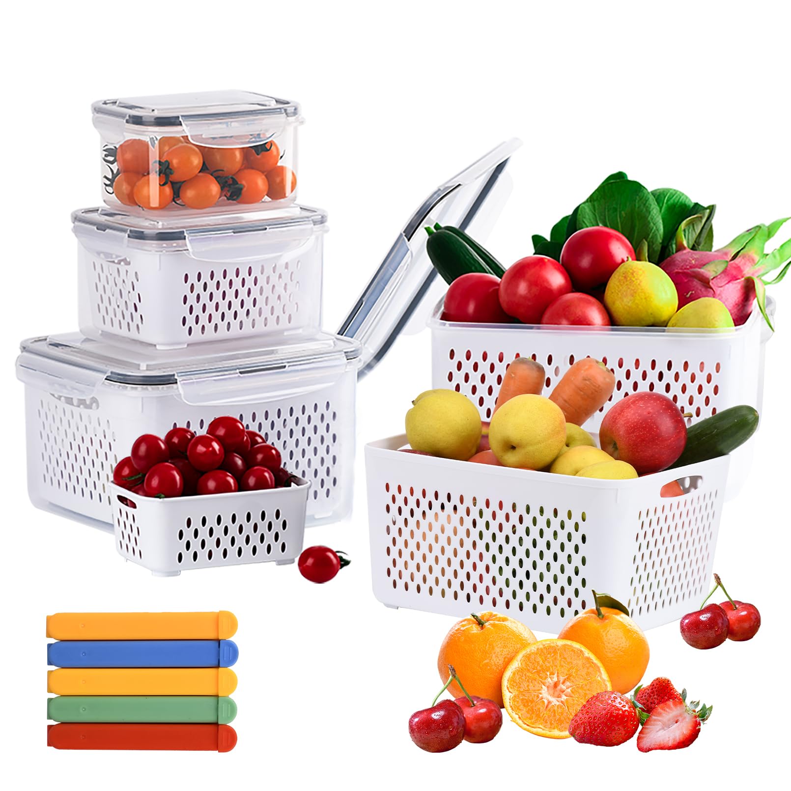 5-Pack Fruit Storage Containers for Fridge with 5pcs Sealing Clips, Fridge Organizers And Storage Clear Refrigerator Organizer Bins for Vegetable Berry Lettuce, BPA-Free Dishwasher & Microwave Safe