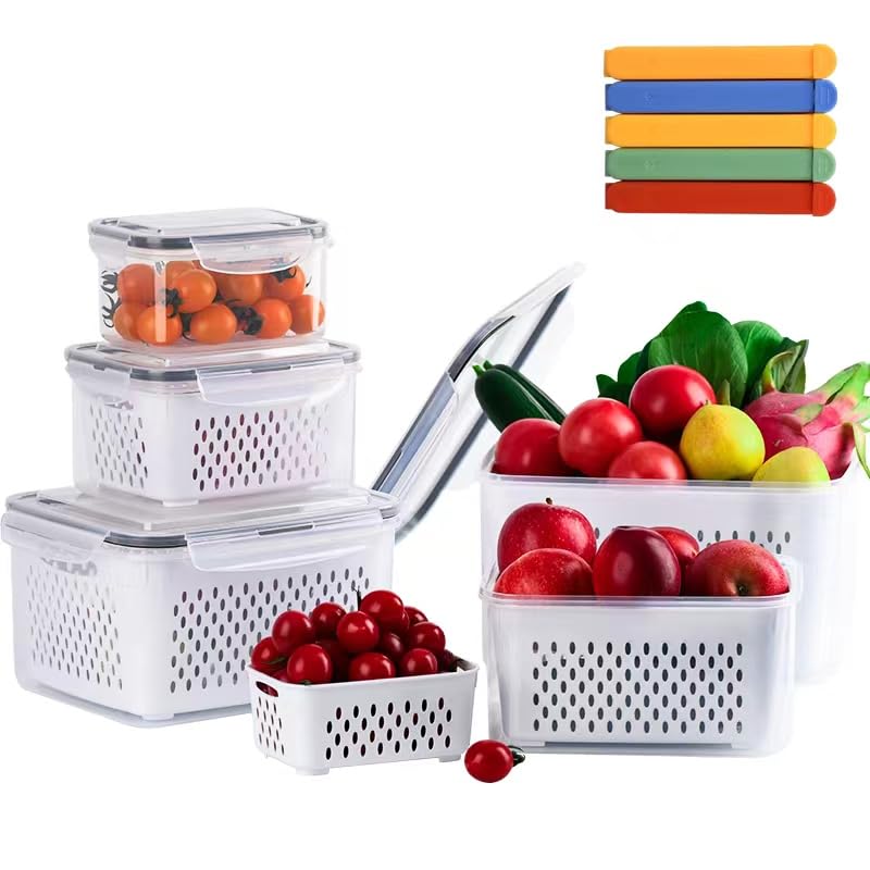 5-Pack Fruit Storage Containers for Fridge with 5pcs Sealing Clips, Fridge Organizers And Storage Clear Refrigerator Organizer Bins for Vegetable Berry Lettuce, BPA-Free Dishwasher & Microwave Safe