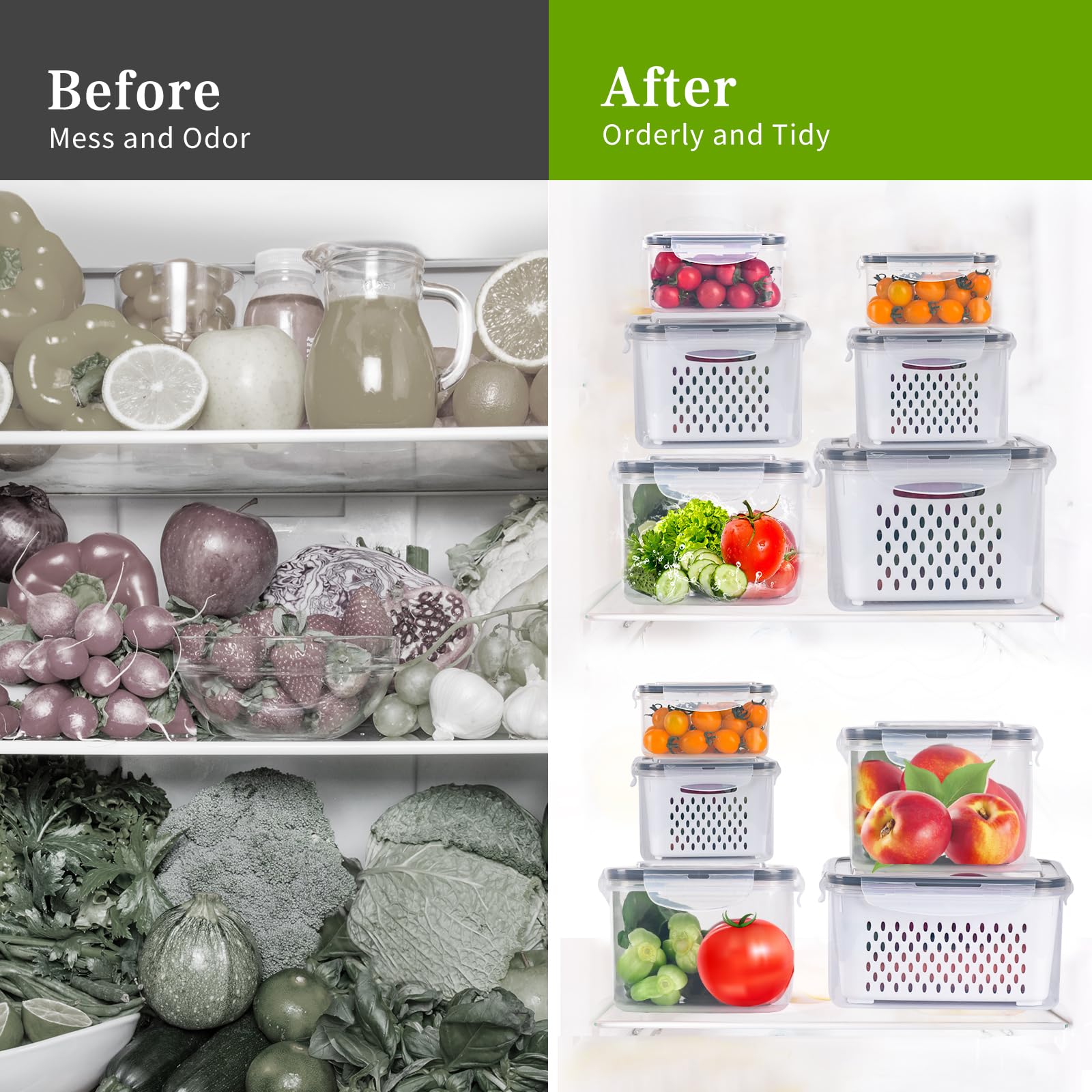 5-Pack Fruit Storage Containers for Fridge with 5pcs Sealing Clips, Fridge Organizers And Storage Clear Refrigerator Organizer Bins for Vegetable Berry Lettuce, BPA-Free Dishwasher & Microwave Safe