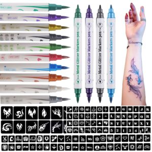 betytattoo temporary tattoo markers for skin - dual-end tattoo pens for body & face art with 138 tattoo stencil papers, 10 pens make bold and fine lines, cosmetic quality(bety2)