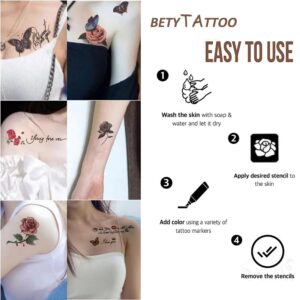 Betytattoo Temporary Tattoo Markers for Skin - Dual-End Tattoo Pens for Body & Face Art with 138 Tattoo Stencil Papers, 10 Pens Make Bold and Fine Lines, Cosmetic Quality(BETY2)