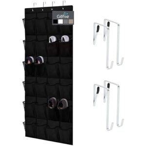 home genie 24 pocket strong space saving over door shoe organizer, holds up to 40 pounds, stay in place hooks large breathable mesh pocket hanging behind closet caddy holder, cabinet rack, black
