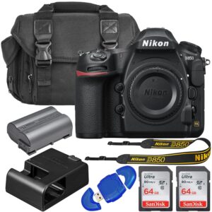 nikon d850 fx-format digital slr camera body with 2x sandisk 64gb memory cards, deluxe carrying bag, card reader