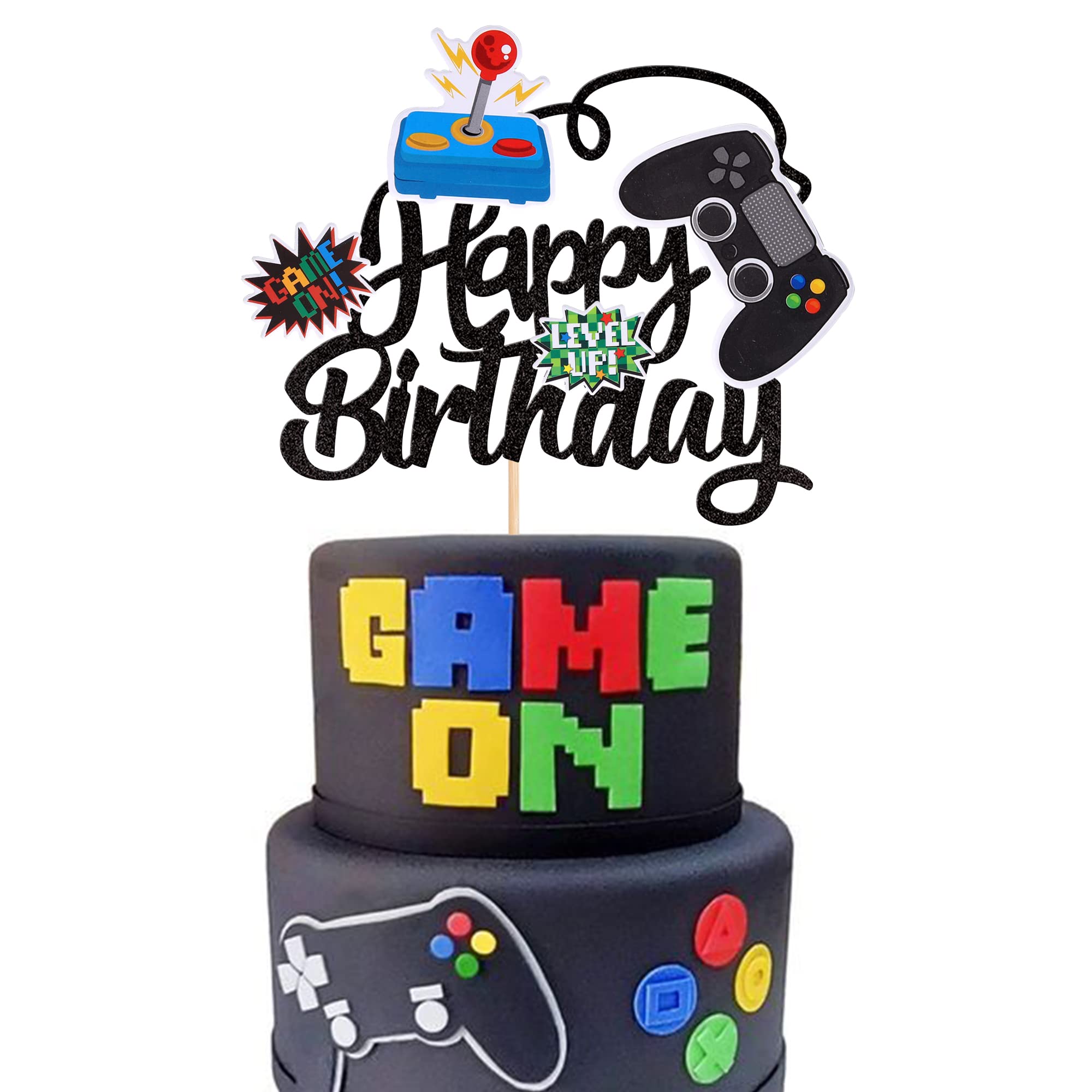 1 PCS Video Game Happy Birthday Cake Topper Glitter Video Game Cake Pick Game On Controllers GamePad Cake Decoration for Game Theme Baby Shower Kids Boys Girls Birthday Party Supplies Black