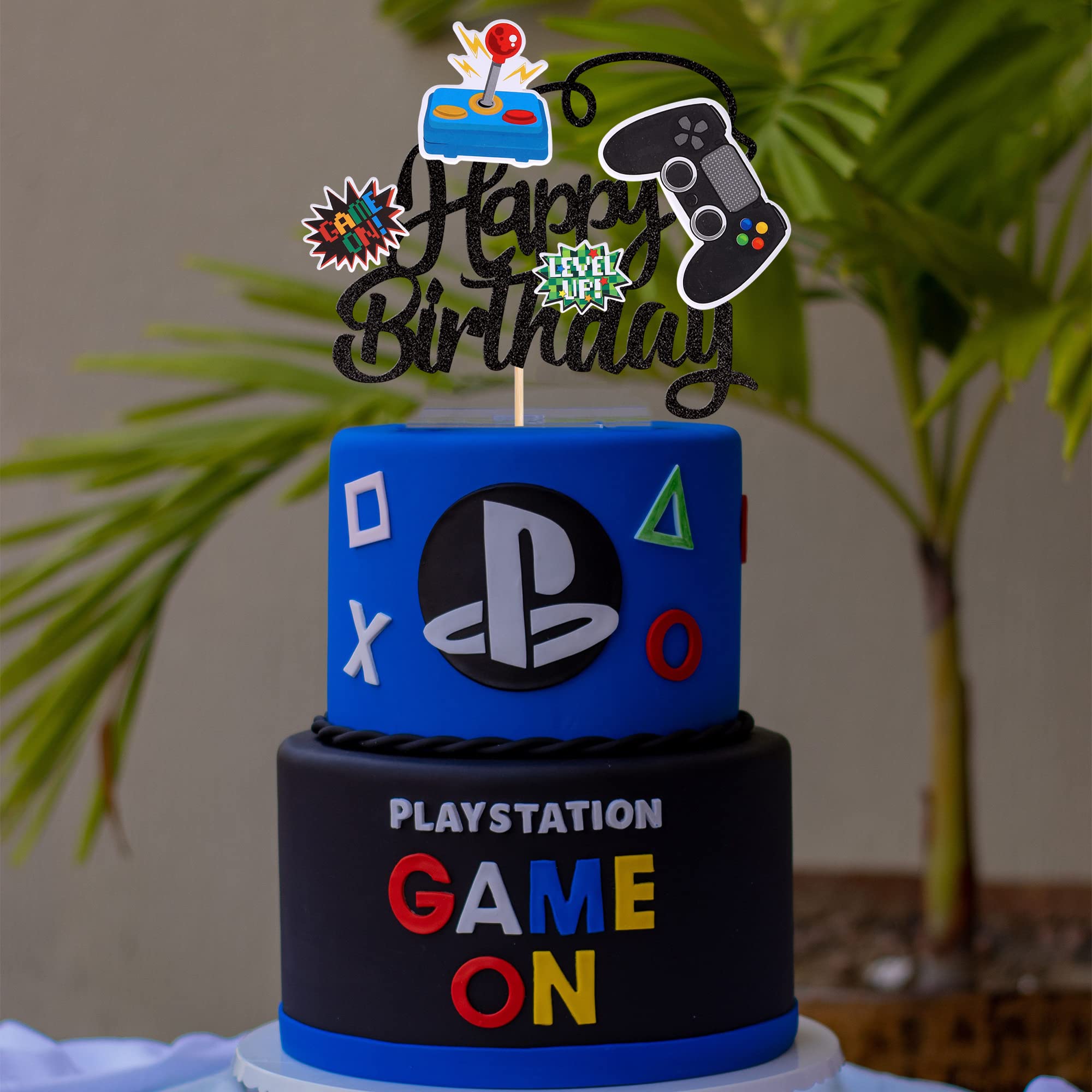 1 PCS Video Game Happy Birthday Cake Topper Glitter Video Game Cake Pick Game On Controllers GamePad Cake Decoration for Game Theme Baby Shower Kids Boys Girls Birthday Party Supplies Black