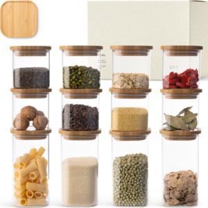 kivy square glass jars with bamboo lids [set of 12] 4x 20oz + 8x 15oz - square glass containers with bamboo lids - clear jars glass canisters with airtight lids - glass storage jars with airtight lids