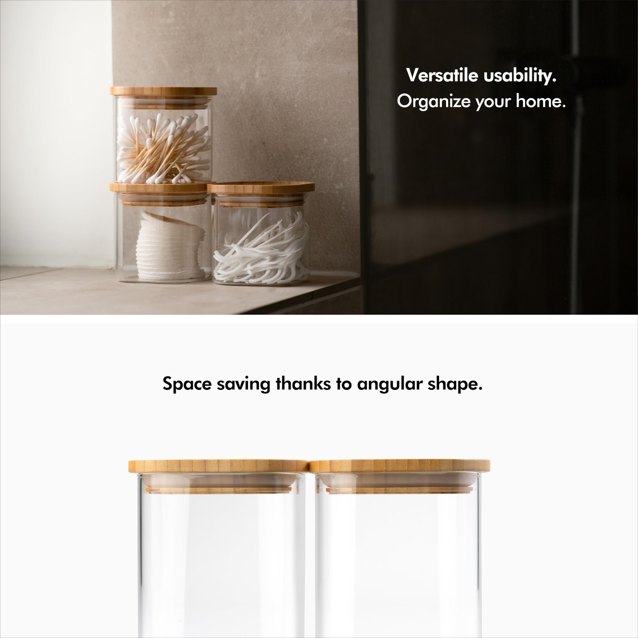 KIVY Square glass jars with bamboo lids [Set of 12] 4x 20oz + 8x 15oz - Square glass containers with bamboo lids - Clear Jars Glass canisters with airtight lids - Glass storage jars with airtight lids