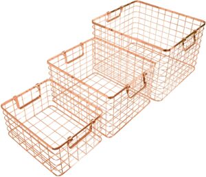 set of 3 nested wire basket trays for storage and organizing (rose gold)