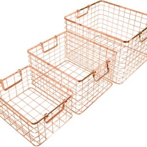 Set of 3 Nested Wire Basket Trays for Storage and Organizing (Rose Gold)