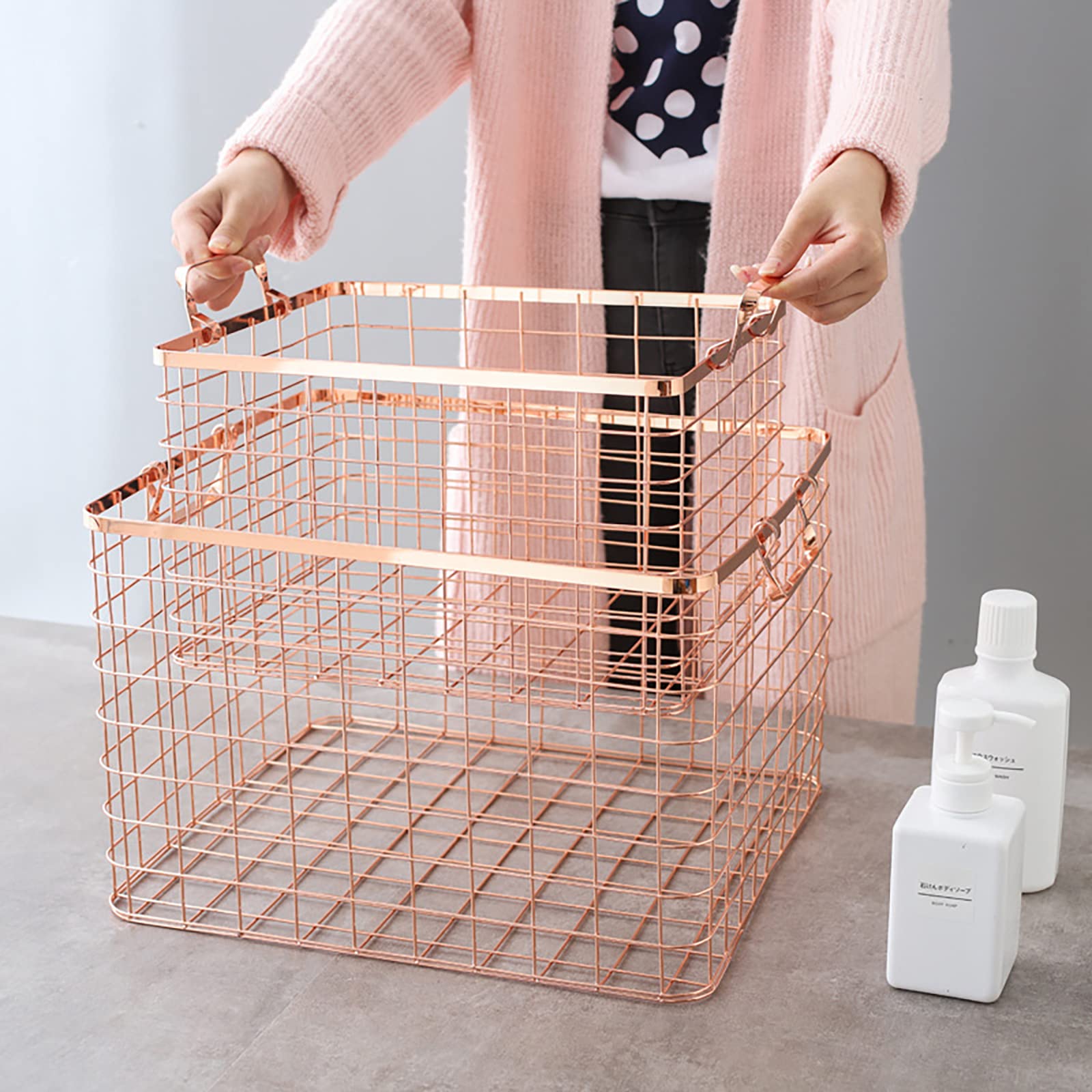 Set of 3 Nested Wire Basket Trays for Storage and Organizing (Rose Gold)