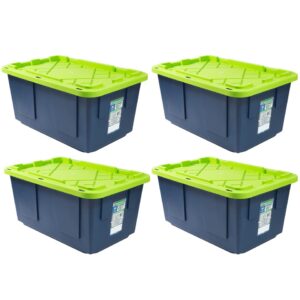 greenmade extra strong 27 gallon plastic storage bin, multi color, 4 pack. heavy duty built with snap fit lid. factory direct (navy & green)
