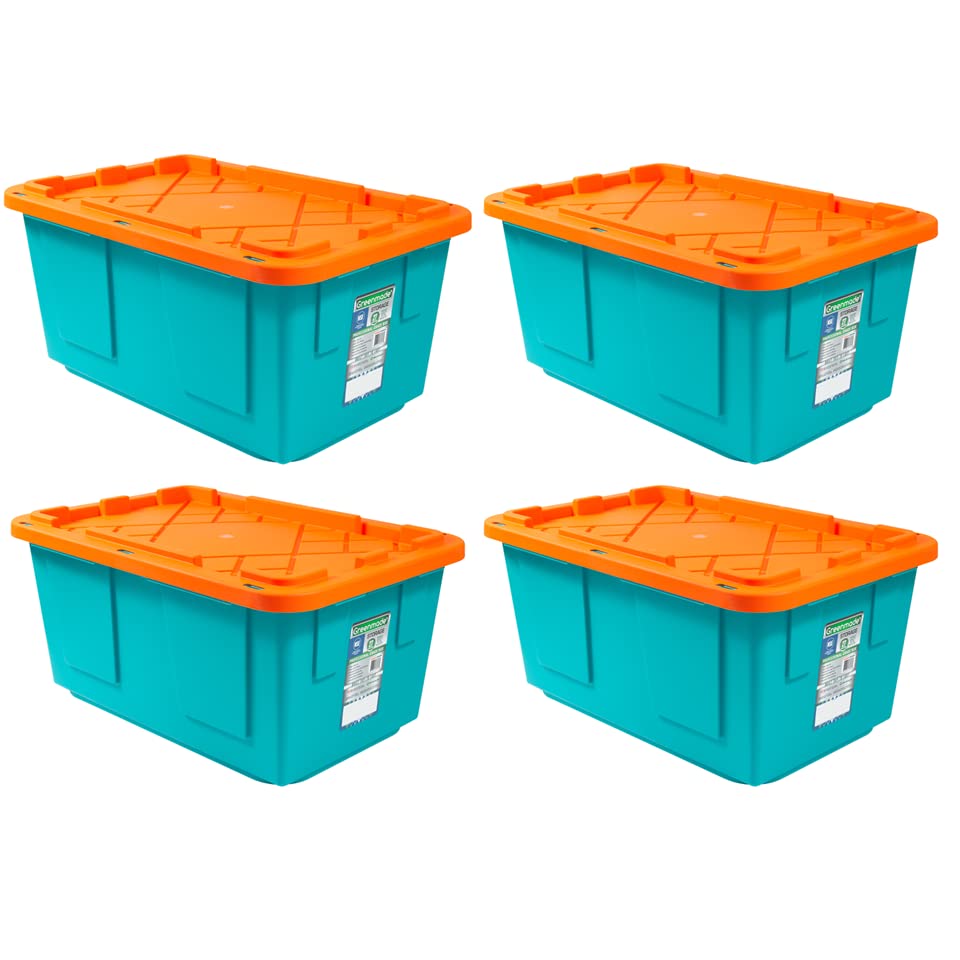 GREENMADE Extra Strong 27Gallon Plastic Storage Bin, Multi Color, 4 Pack. Heavy Duty Built With Snap Fit Lid. Factory Direct (Blue & Orange)