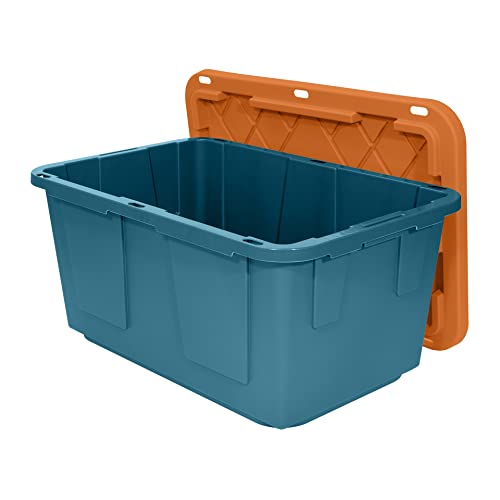 GREENMADE Extra Strong 27Gallon Plastic Storage Bin, Multi Color, 4 Pack. Heavy Duty Built With Snap Fit Lid. Factory Direct (Blue & Orange)