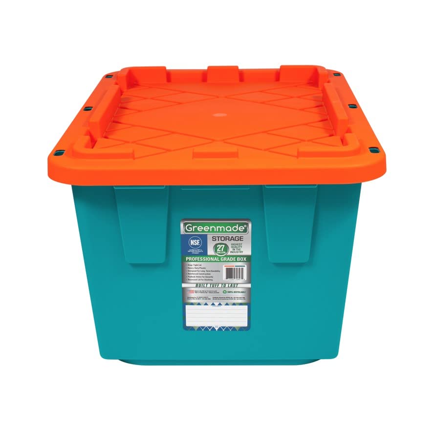 GREENMADE Extra Strong 27Gallon Plastic Storage Bin, Multi Color, 4 Pack. Heavy Duty Built With Snap Fit Lid. Factory Direct (Blue & Orange)