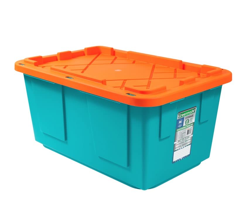 GREENMADE Extra Strong 27Gallon Plastic Storage Bin, Multi Color, 4 Pack. Heavy Duty Built With Snap Fit Lid. Factory Direct (Blue & Orange)